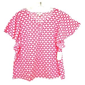 Charter Club Linen Pink and White  Short Flutter Sleeve Blouse Top XL